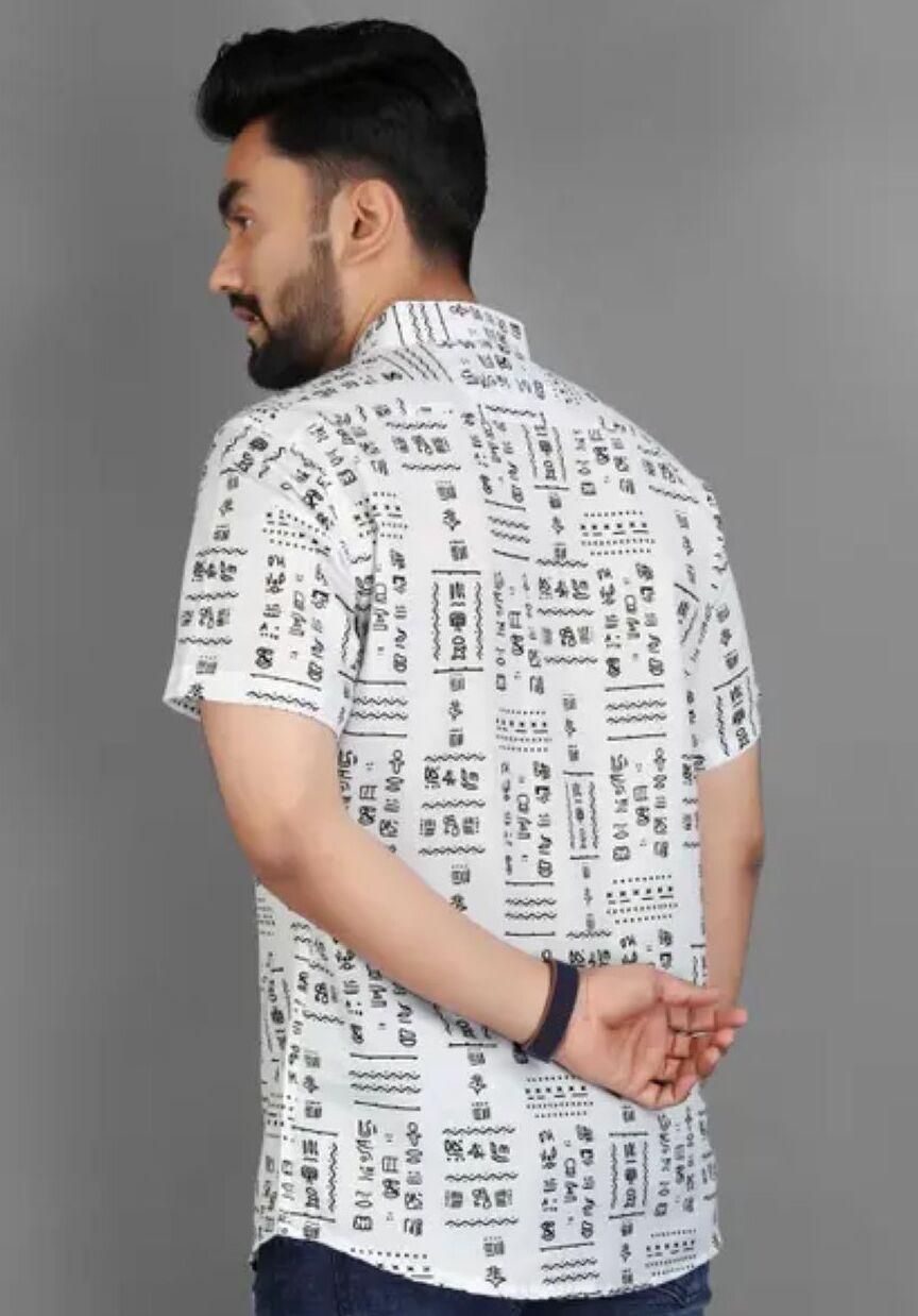 The Riviera Print: Men’s Half-Sleeve Casual Shirt (White & Blue)