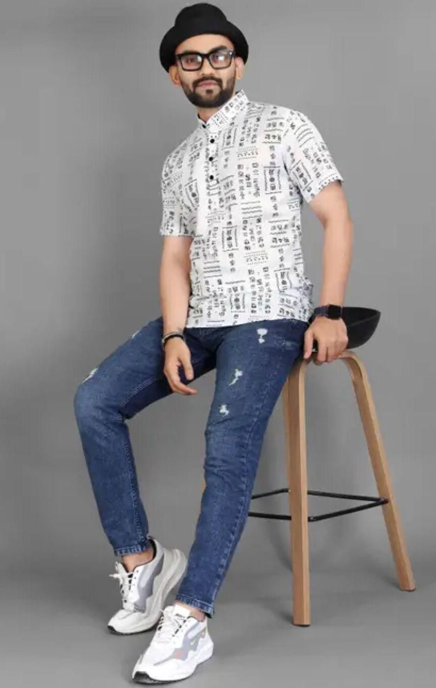 The Riviera Print: Men’s Half-Sleeve Casual Shirt (White & Blue)