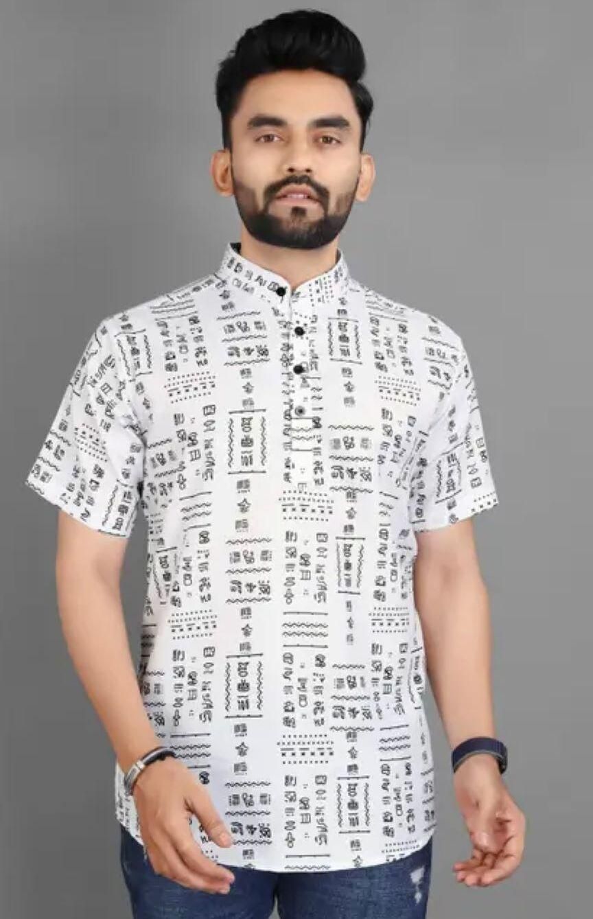 The Riviera Print: Men’s Half-Sleeve Casual Shirt (White & Blue)