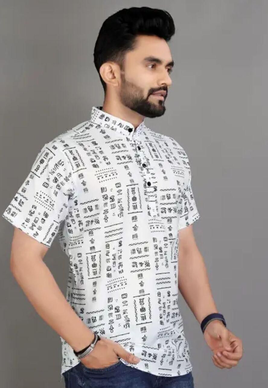 The Riviera Print: Men’s Half-Sleeve Casual Shirt (White & Blue)