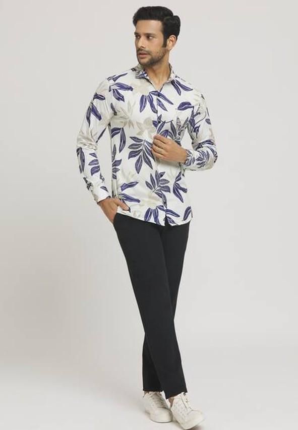 Men's Printed Regular Collar Casual Shirt Cream & Navy Blue